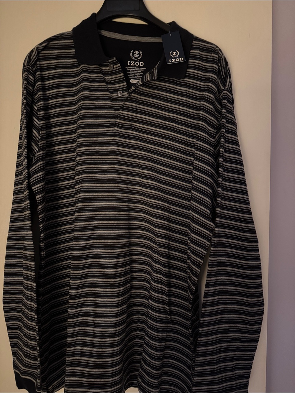 Izod Black and Gray Striped Long-Sleeve Polo